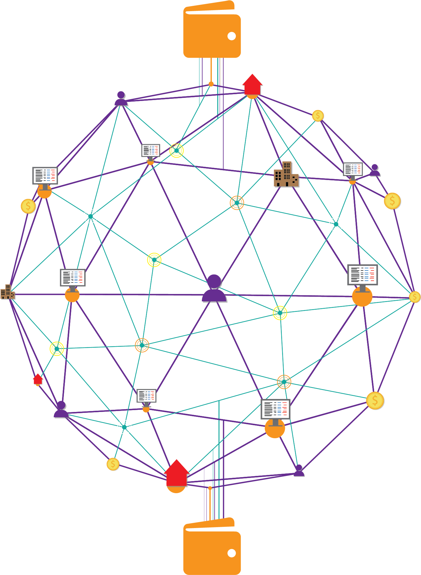 Blockchain 桌布 壁紙 — 一個充滿活力的數位網路圖，顯示相互連接的圖標，如錢包、房屋和文件，通過彩色線條在黑色背景上連接。
