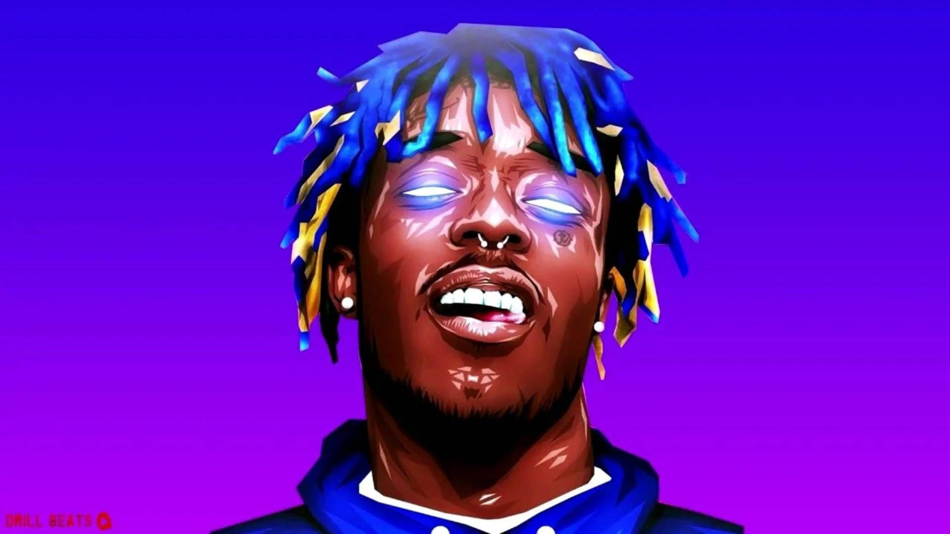 Lil Uzi Desktop 桌布 壁紙 — 一個充滿活力的數位肖像，一個男人帶著藍色和黃色辮子，背景是紫色漸變。