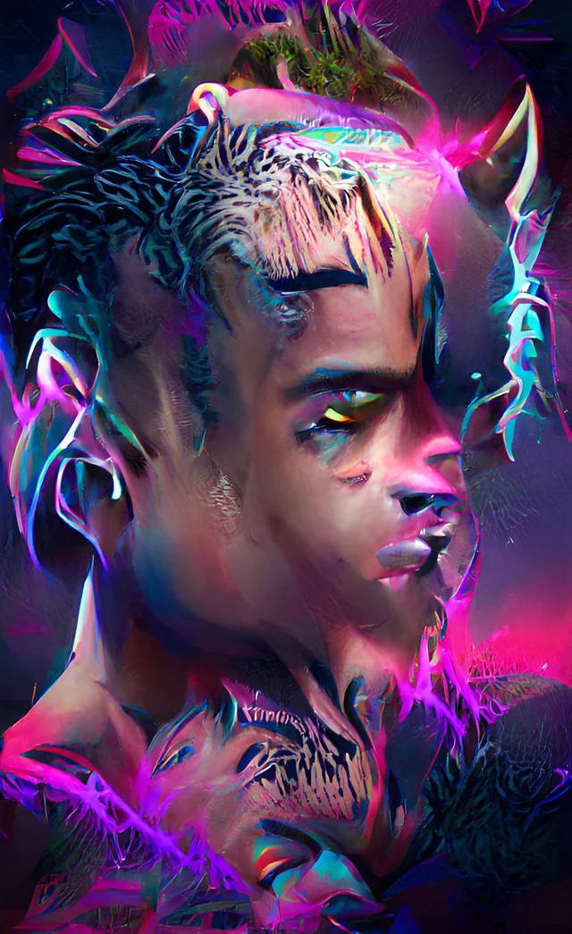 酷酷的xxxtentacion 桌布 壁紙 — 一個充滿活力的數位肖像，人物擁有發光的霓虹髮色和刺青，背景為深色抽象圖案。