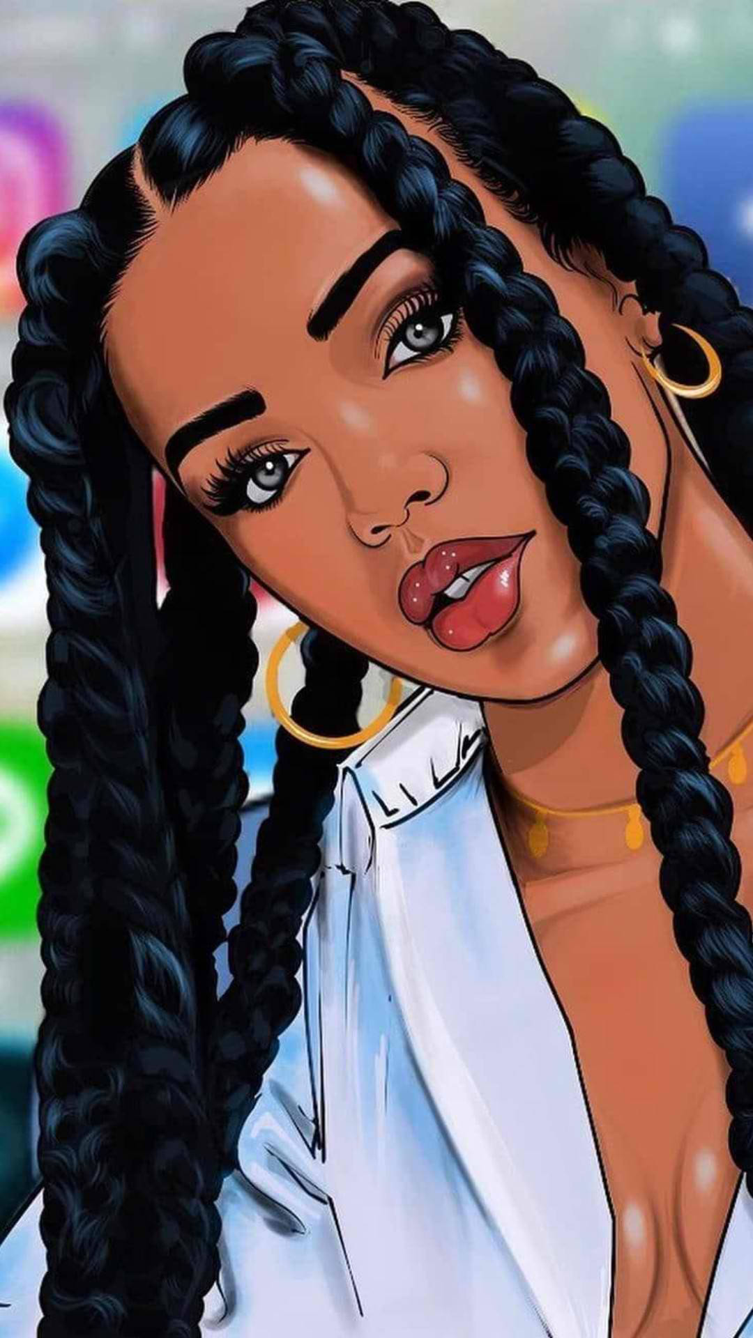 Black Girl 桌布 壁紙 — 一個充滿活力的數位肖像，描繪一位擁有長長黑色辮子、戴著大膽金色圈耳環、身穿白色襯衫的女性。
