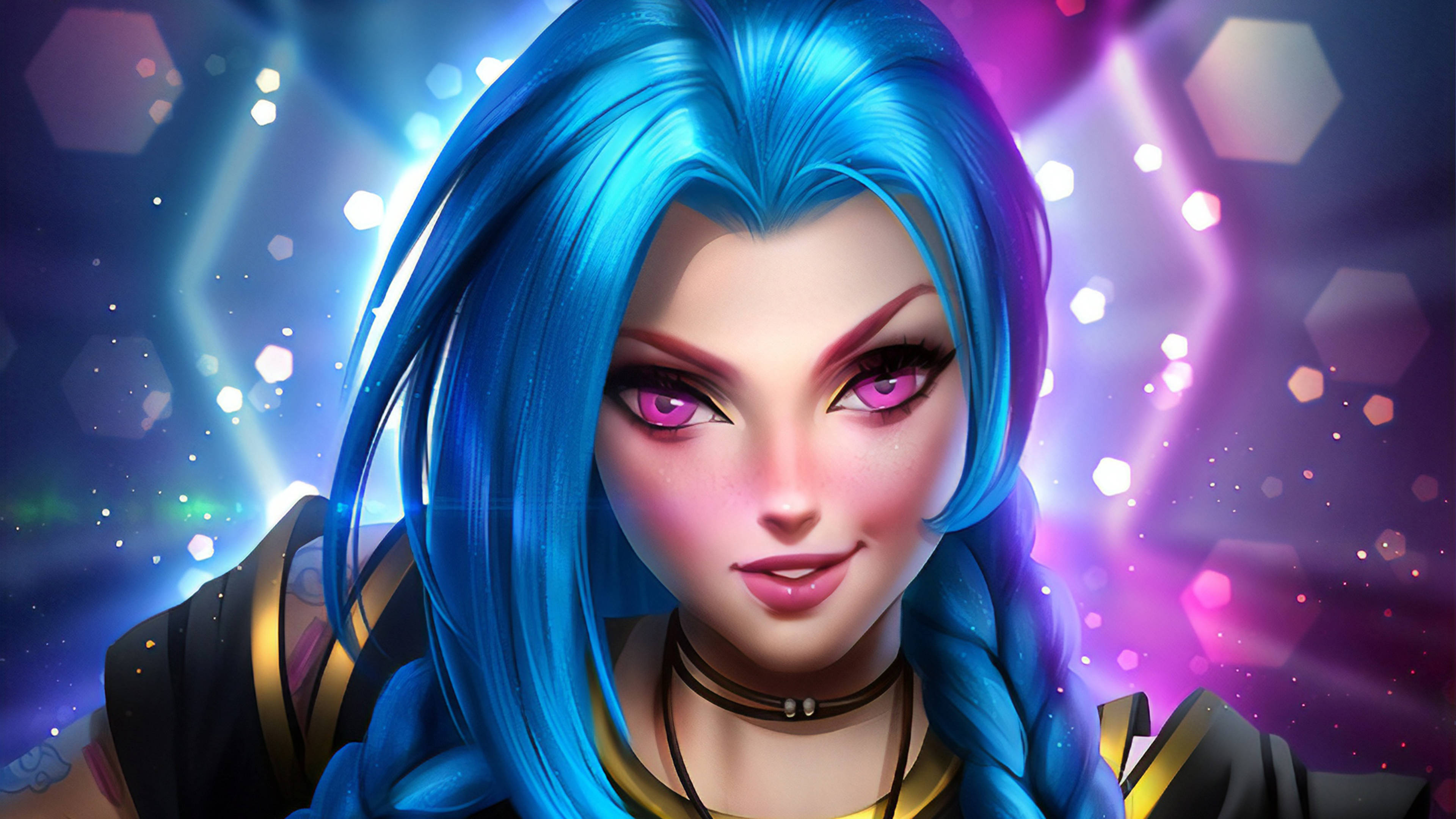 Jinx 桌布 壁紙 — 一個充滿活力的數位肖像，描繪一位擁有電光藍色辮子頭髮和發光紫色眼睛的女性，背景是閃爍的六邊形光線。