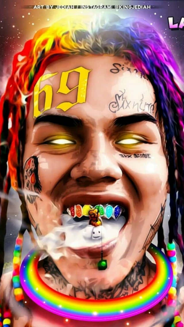 69 Rapper 桌布 壁紙 — 一個充滿活力的數位肖像，描繪一位微笑的男子，擁有彩虹辮子、發光的眼睛和色彩繽紛的牙齒，被彩虹煙霧環繞。