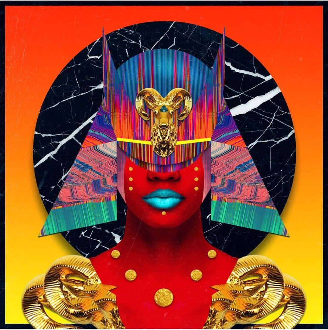 Afrofuturism 桌布 壁紙 — 一個充滿活力的數位肖像，描繪一位紅皮膚、藍嘴唇的女性，戴著金色公羊頭飾，背景是黑色大理石圓圈和橙黃漸變底色。