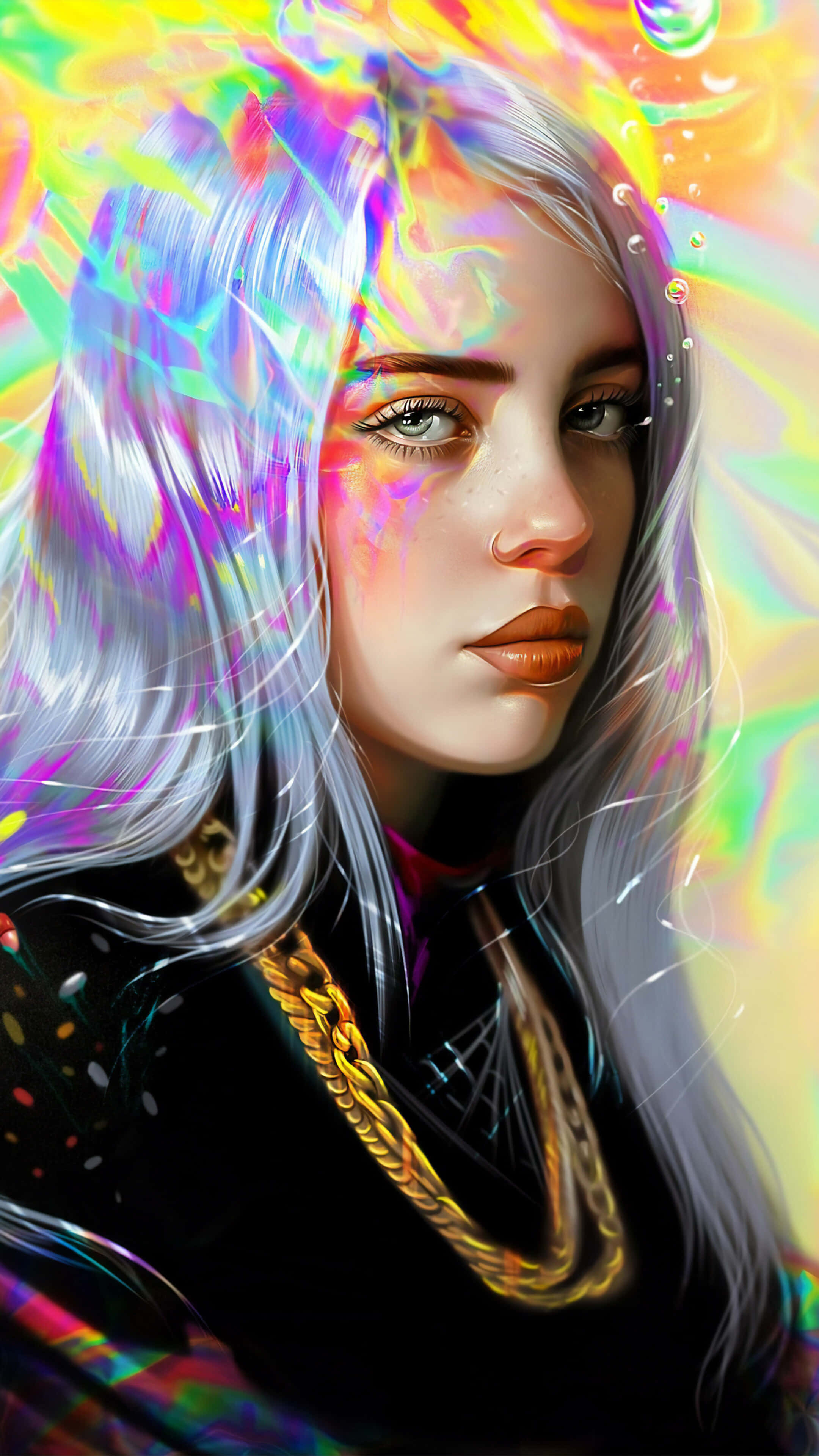 怪奇比莉 桌布 壁紙 — 一個充滿活力的數位肖像，描繪一位銀髮女性，在迷幻背景中散發著發光的彩虹光環。