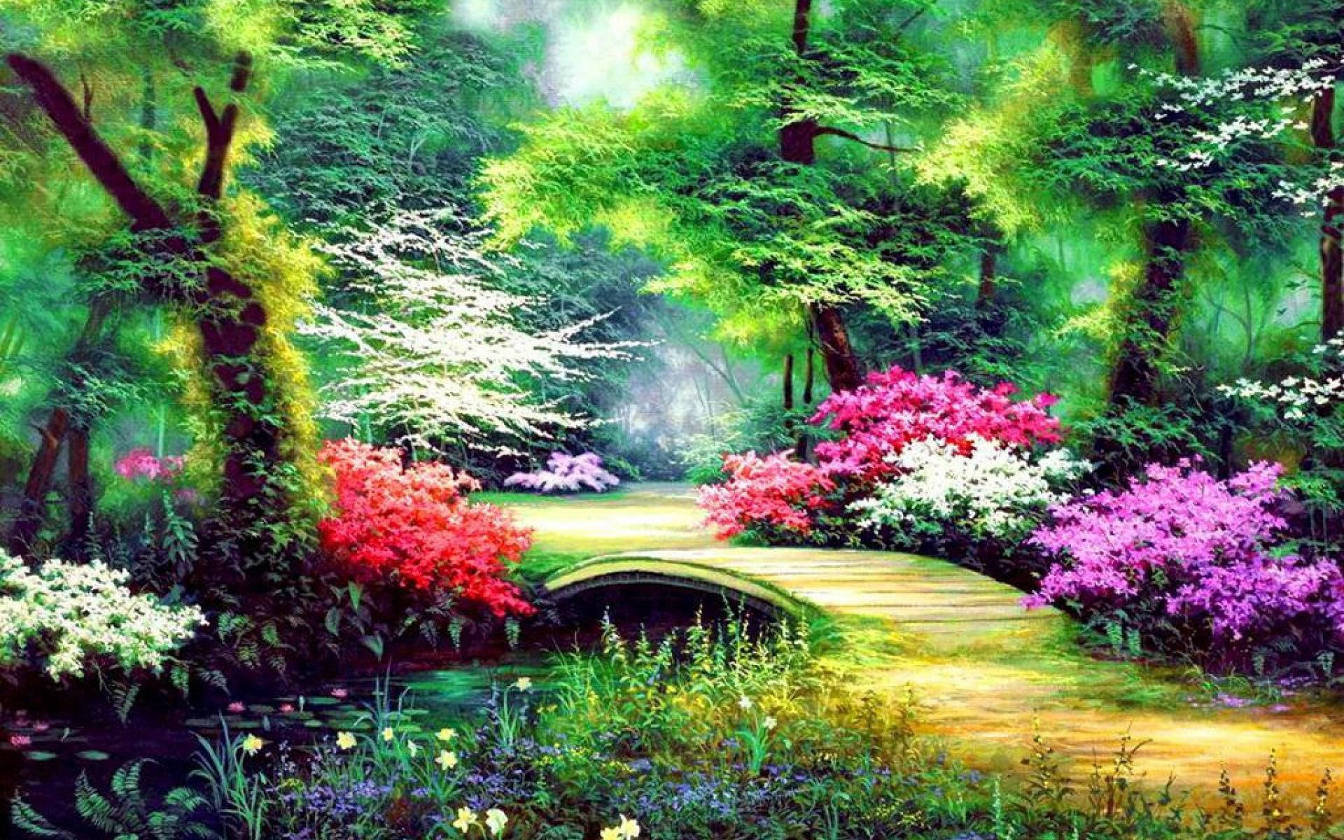 森林 桌布 壁紙 — 一個充滿活力的數位花園場景，有一座石橋橫跨小溪，周圍是茂密的綠樹和色彩繽紛的花叢。