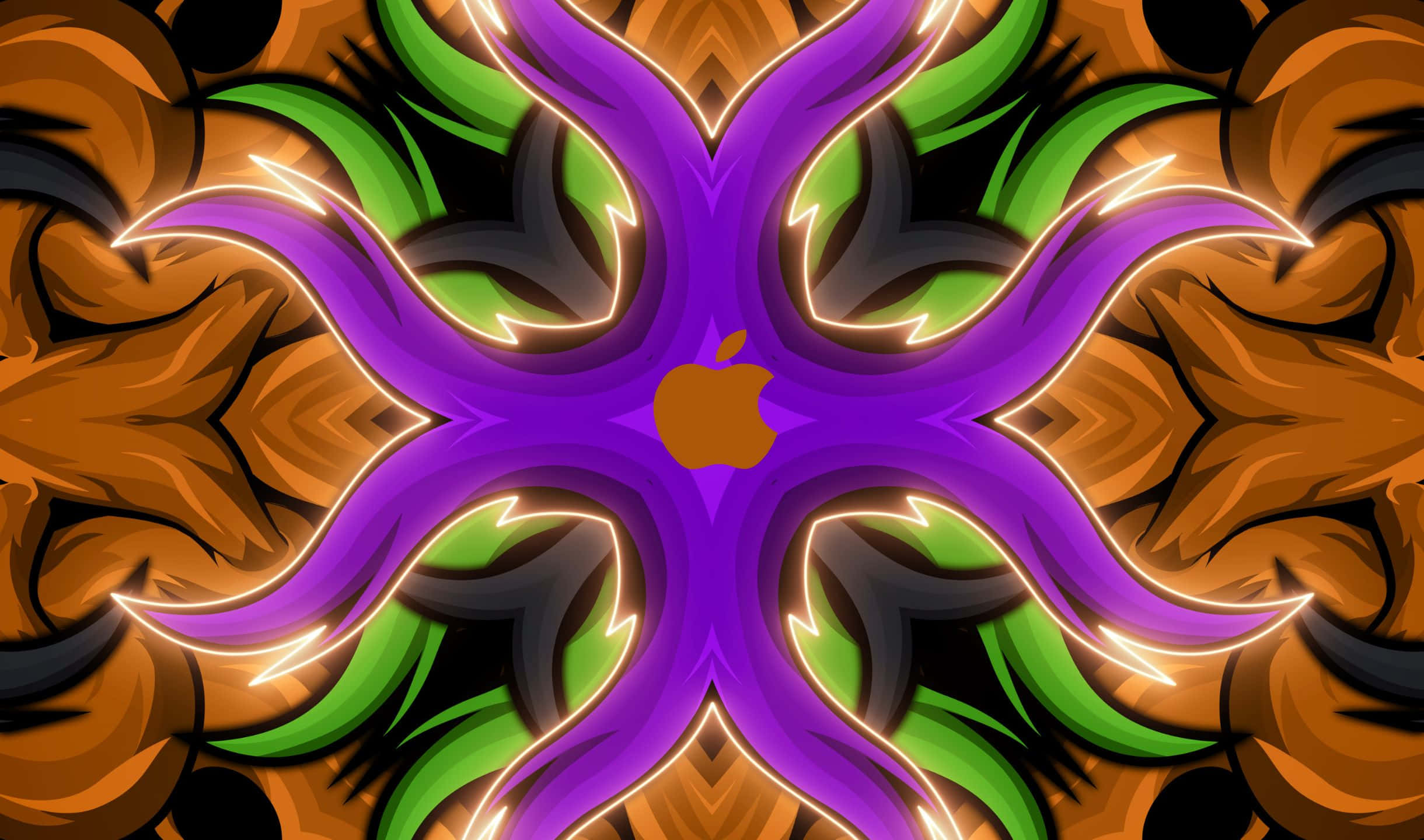 Cool Abstract 桌布 壁紙 — 一個充滿活力的數位萬花筒從中心發光的Apple標誌輻射出來，周圍環繞著對稱的橙色、綠色和紫色圖案。