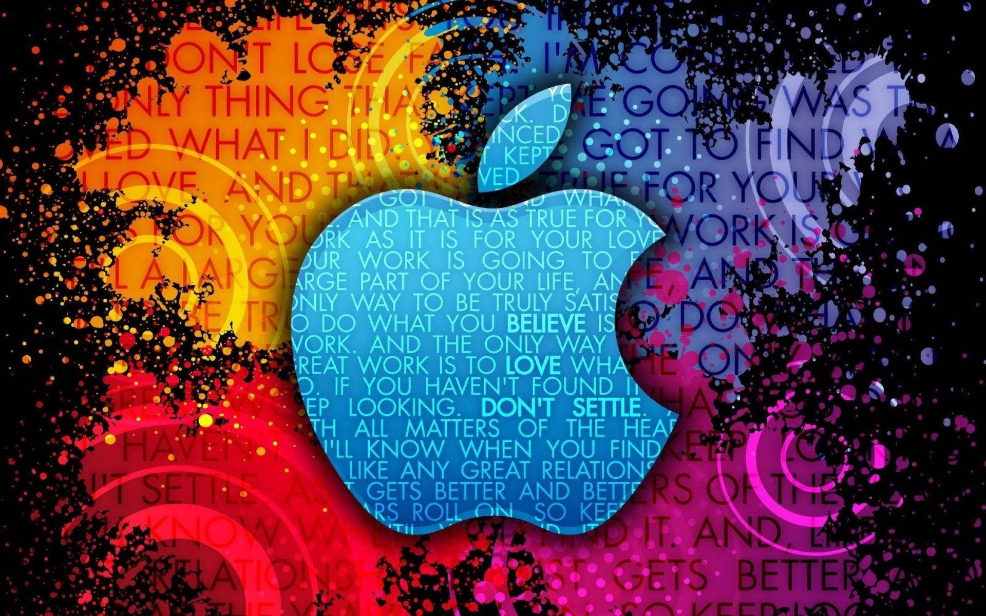 圖形 桌布 壁紙 — 一個充滿活力的數位藝術Apple標誌，內含勵志文字，周圍環繞著色彩繽紛的抽象潑濺和漩渦。