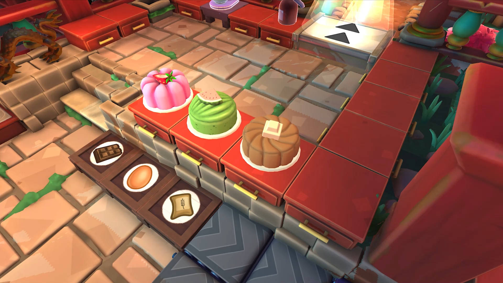 Overcooked 桌布 壁紙 — 一個充滿活力的數位藝術場景，展示了色彩繽紛的食物，如南瓜和蛋糕，排列在紅色抽屜上，處於像素藝術遊戲環境中。