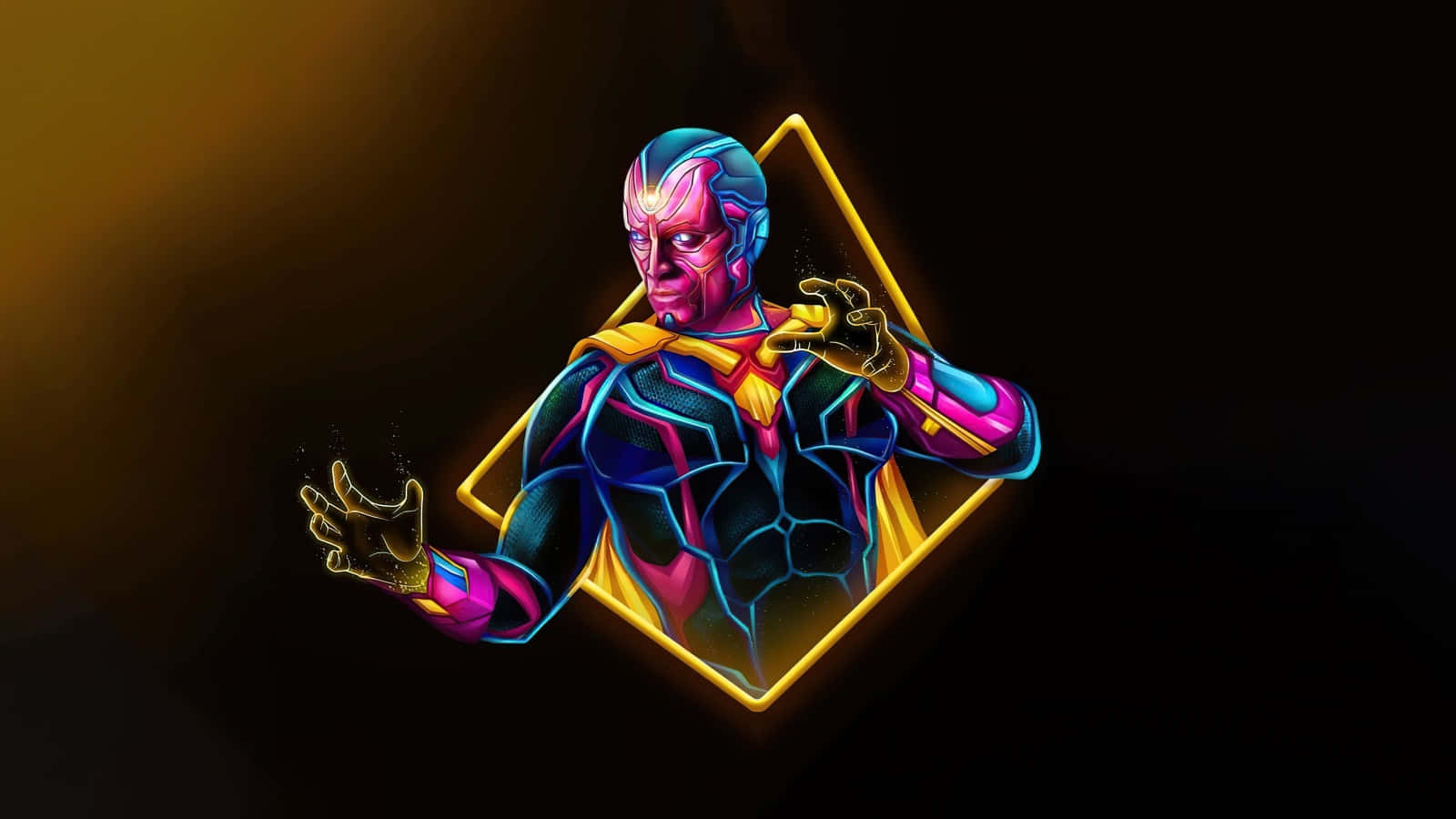 桌布 壁紙 — 一個充滿活力的數位藝術描繪，一個宇宙超級英雄，擁有發光的霓虹皮膚和金色鑽石框架，背景是深色漸變。