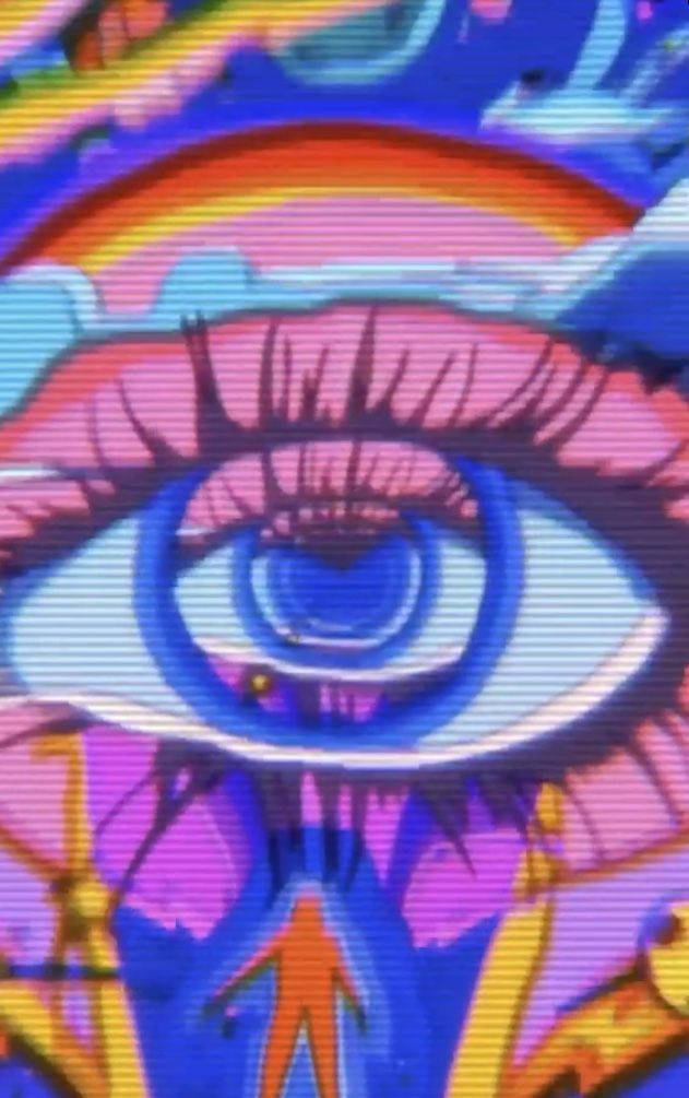 Trippy Aesthetic 桌布 壁紙 — 一個充滿活力的數位藝術眼睛，帶有彩虹虹膜和像素化故障效果，背景為迷幻風格。
