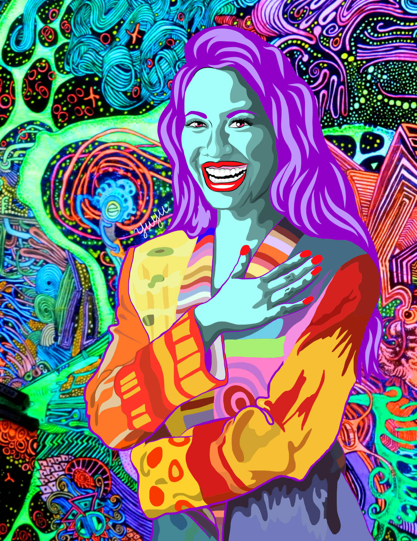 Selena Quintanilla 桌布 壁紙 — 一個充滿活力的數位藝術肖像，描繪一位微笑的紫髮女性，背景是迷幻、色彩繽紛的抽象圖案。