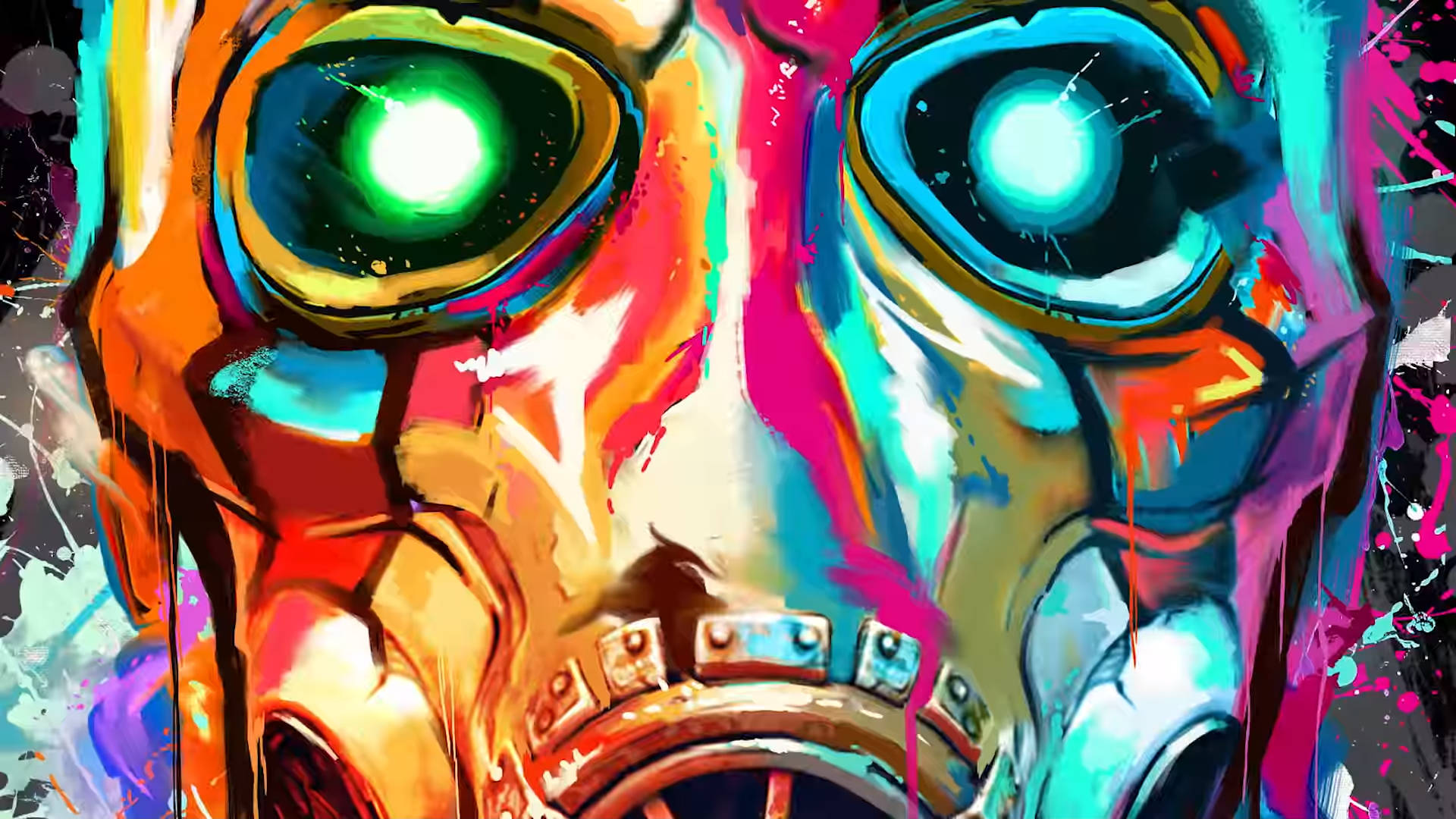 Borderlands 桌布 壁紙 — 一個充滿活力的數位藝術肖像，描繪了一個風格化的面孔，帶有發光的綠色眼睛和色彩繽紛的油漆飛濺。