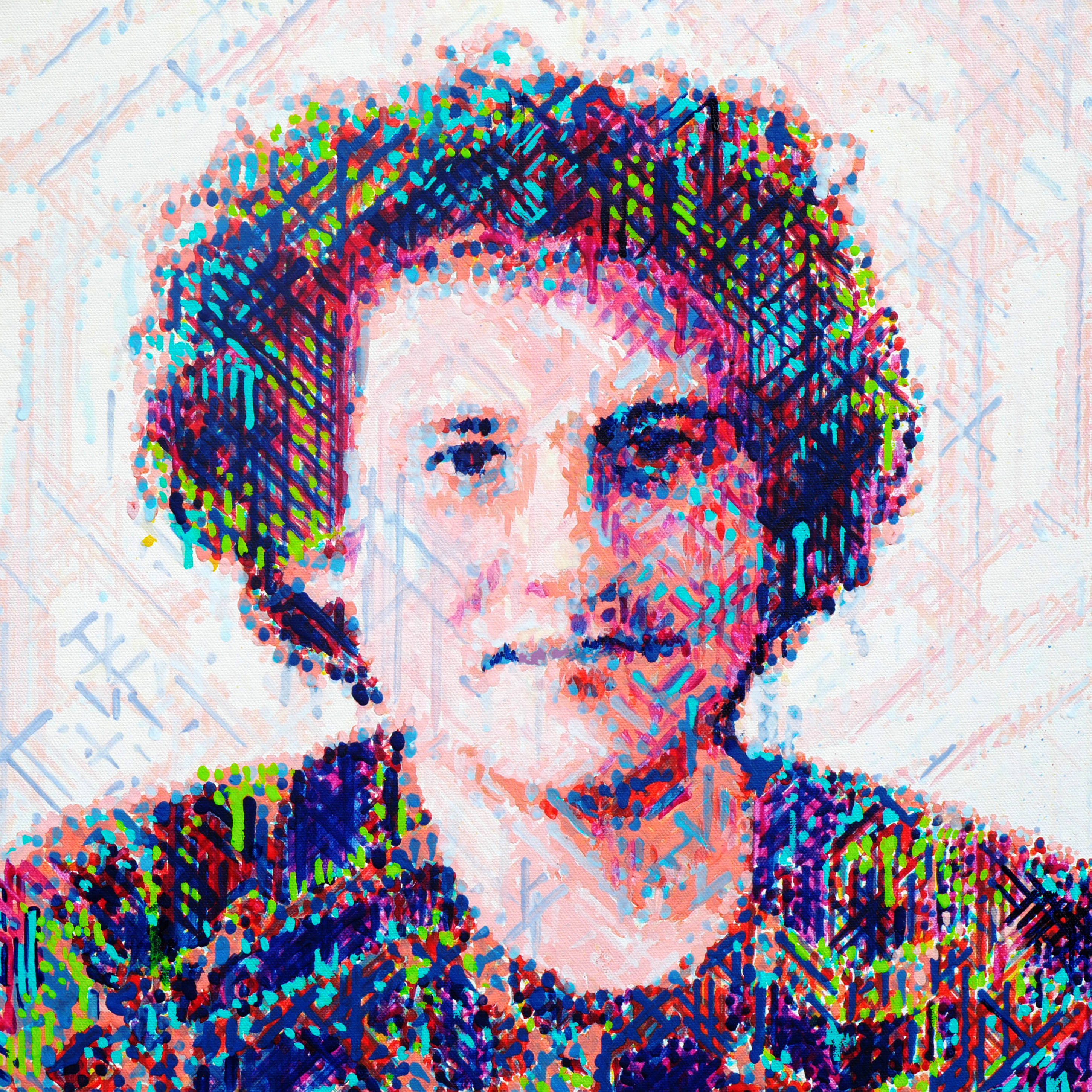 藝術 桌布 壁紙 — 一個充滿活力的數位藝術肖像，描繪一位捲髮女性，以彩色像素點在紋理背景上呈現。