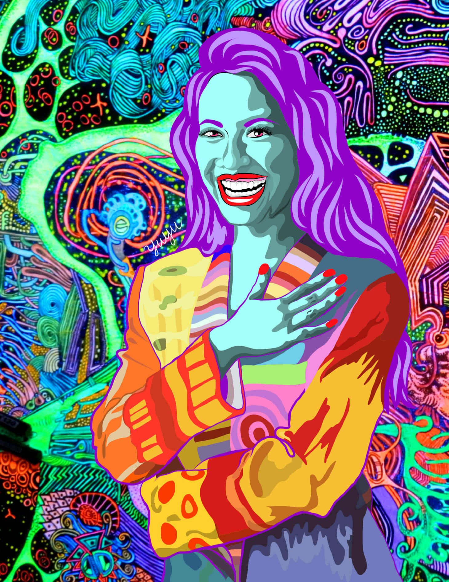 Selena Quintanilla iPhone 桌布 壁紙 — 一個充滿活力的數位藝術肖像，描繪一位微笑的紫髮女性，背景是迷幻、色彩繽紛的抽象圖案。