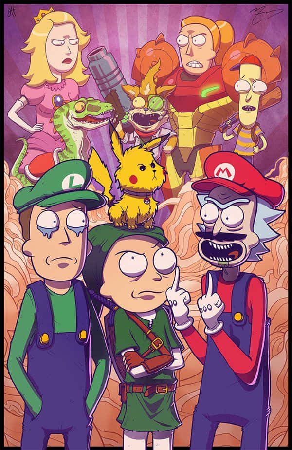 Squanchy 桌布 壁紙 — 一個充滿活力的數位藝術跨界作品， featuring Rick Sanchez 和 Morty Smith 以及 Mario Luigi 和 Pikachu 在一個混亂的動漫風格群體肖像中。