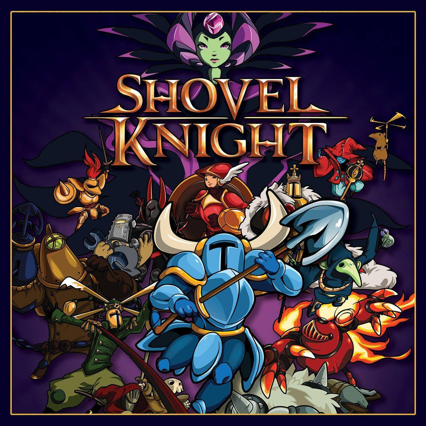 Shovel 桌布 壁紙 — 一個充滿活力的數位藝術遊戲封面， featuring Shovel Knight 和盟友在深紫色背景下進行動態戰鬥。
