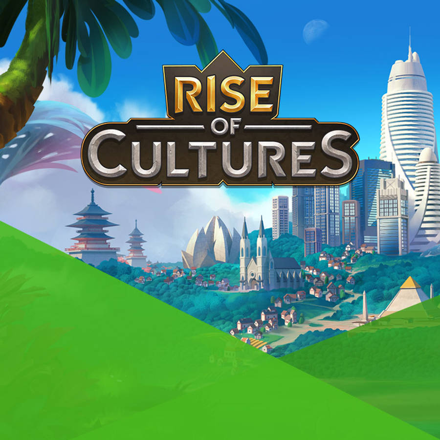 遊戲 桌布 壁紙 — 一個充滿活力的數位藝術遊戲封面，展示一片茂密的綠色山坡，俯瞰著融合了古老寺廟、現代摩天大樓和金字塔的城市景觀，背景是明亮的藍天。