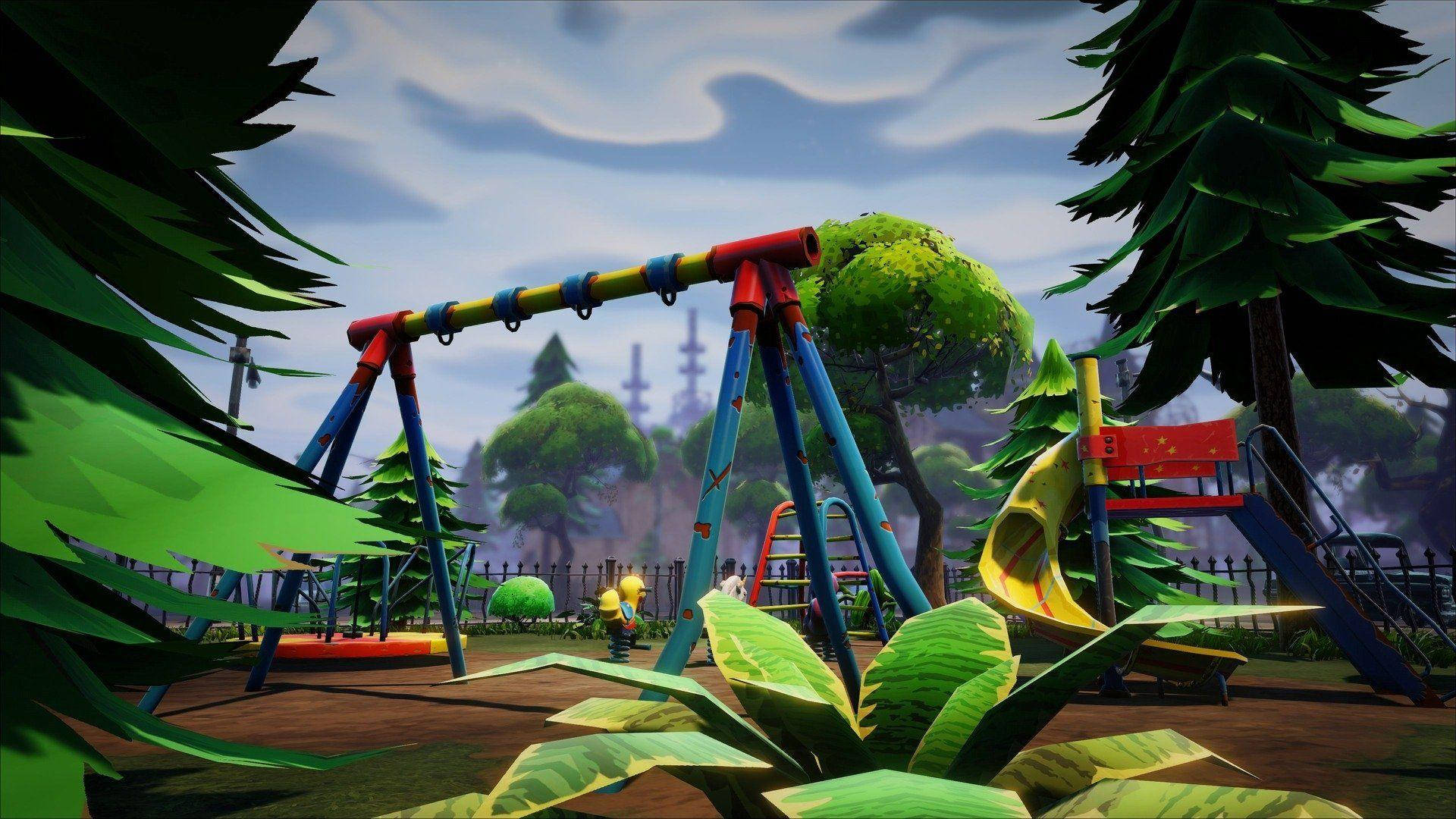 Fortnite 縮圖 桌布 壁紙 — 一個充滿活力的數位藝術遊樂場，設有色彩繽紛的鞦韆和滑梯，坐落在茂密的綠樹叢中，天空多雲。