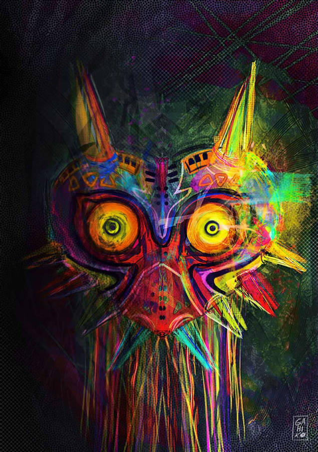 Majora's Mask 桌布 壁紙 — 一個充滿活力的數位藝術面具，帶有發光的黃色眼睛和尖刺的角，在黑暗的紋理背景中散發光芒。