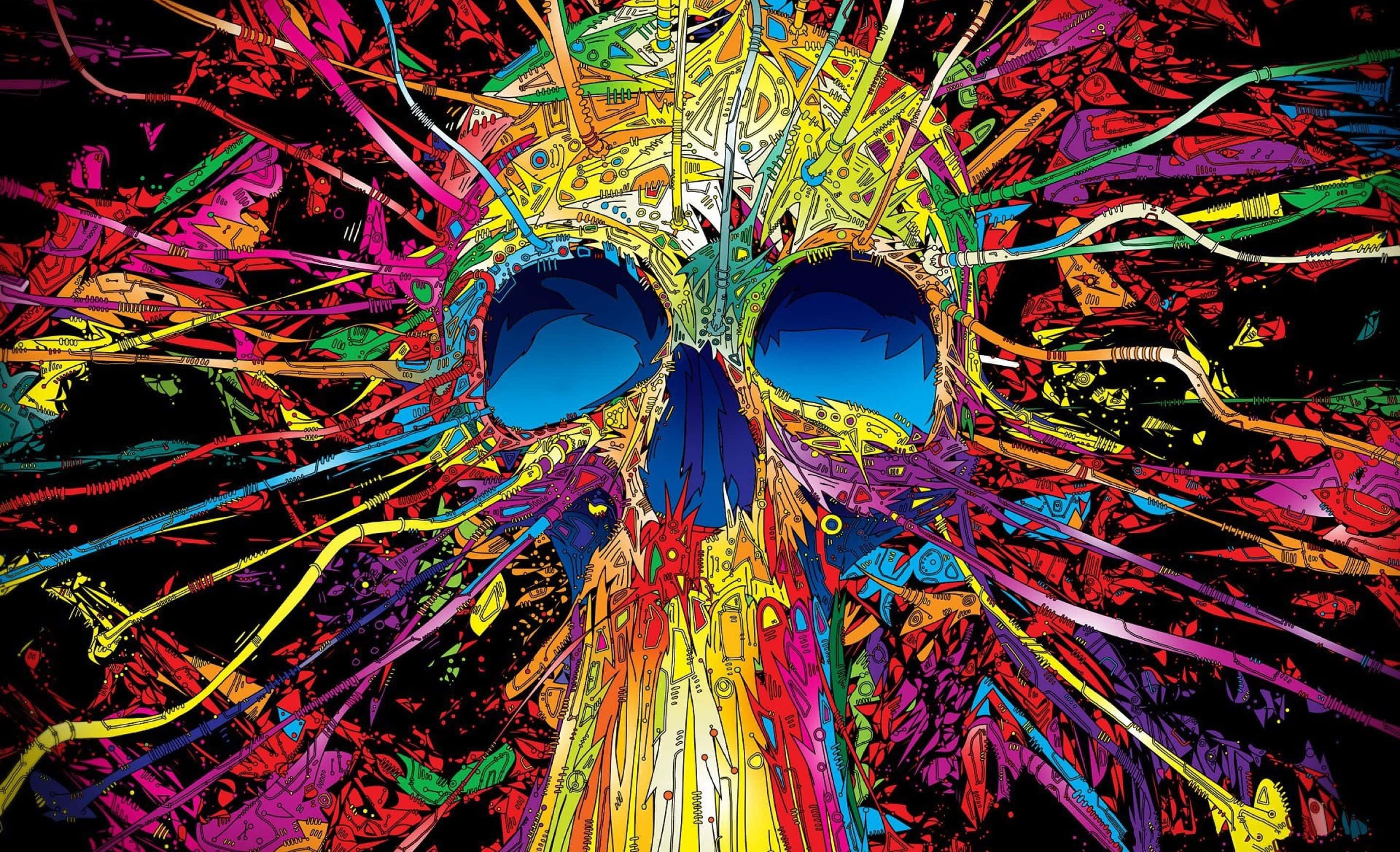 Psychedelic 3d Art 桌布 壁紙 — 一個充滿活力的數位藝術頭骨，帶有從眼窩放射出的爆炸性多色線條和圖案，背景為黑色。