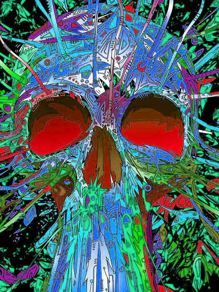 桌布 壁紙 — 一個充滿活力的數位藝術頭骨，帶有發光的紅色眼睛和霓虹綠、藍、紫色的複雜電路圖案。