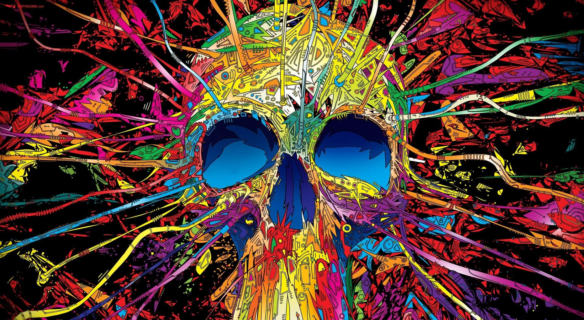 Colorful Abstract Art 桌布 壁紙 — 一個充滿活力的數位藝術頭骨，帶有從眼窩放射出的爆炸性多色線條和圖案，背景為黑色。