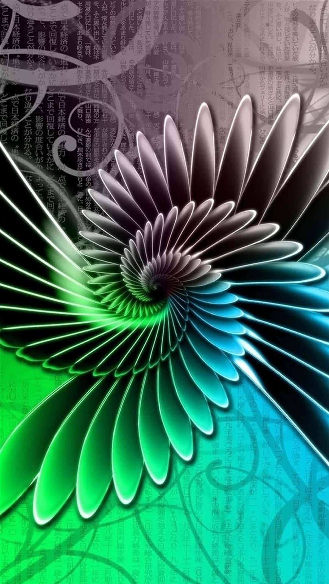  壁紙 — 一個充滿活力的數位螺旋，帶有綠色和藍色漸變，從中央漩渦輻射出來，背景是褪色的日文字紋理。