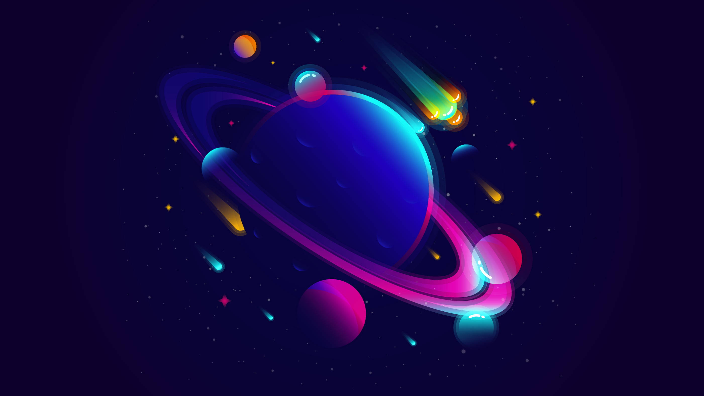 銀河 桌布 壁紙 — 一個充滿活力的數位行星，帶有發光的光環和色彩繽紛的流星劃過星空的宇宙虛空。