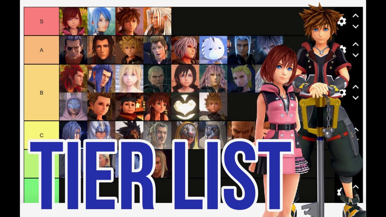 Kingdom Hearts Characters 桌布 壁紙 — 一個充滿活力的數位階層列表，將王國之心角色分為S A B C等級，並突出顯示兩個主要角色。