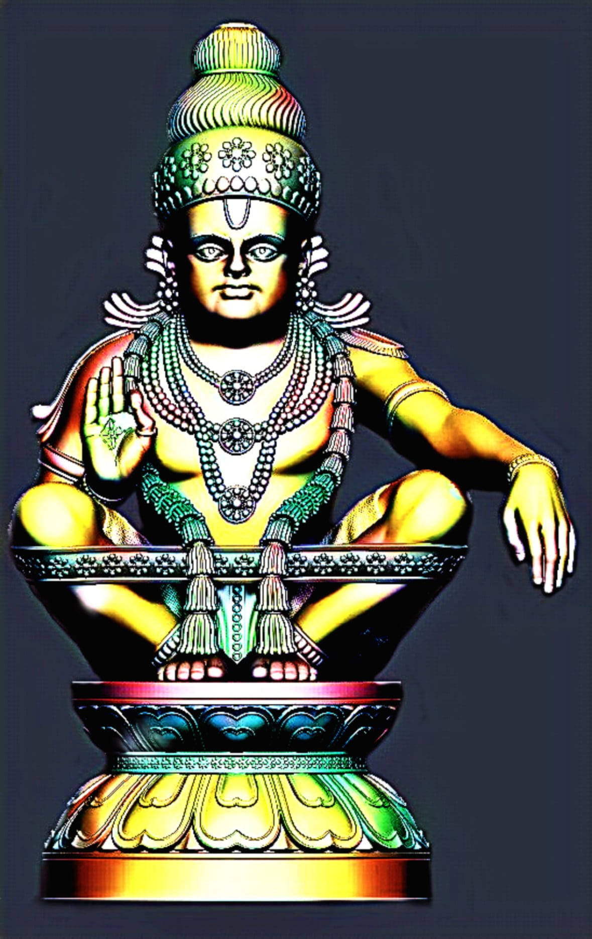 Ayyappa 桌布 壁紙 — 一個充滿活力的數位雕像，描繪一位坐著的神祇，戴著華麗的綠色和金色皇冠、珠串項鍊，並在深色背景前舉起手勢。