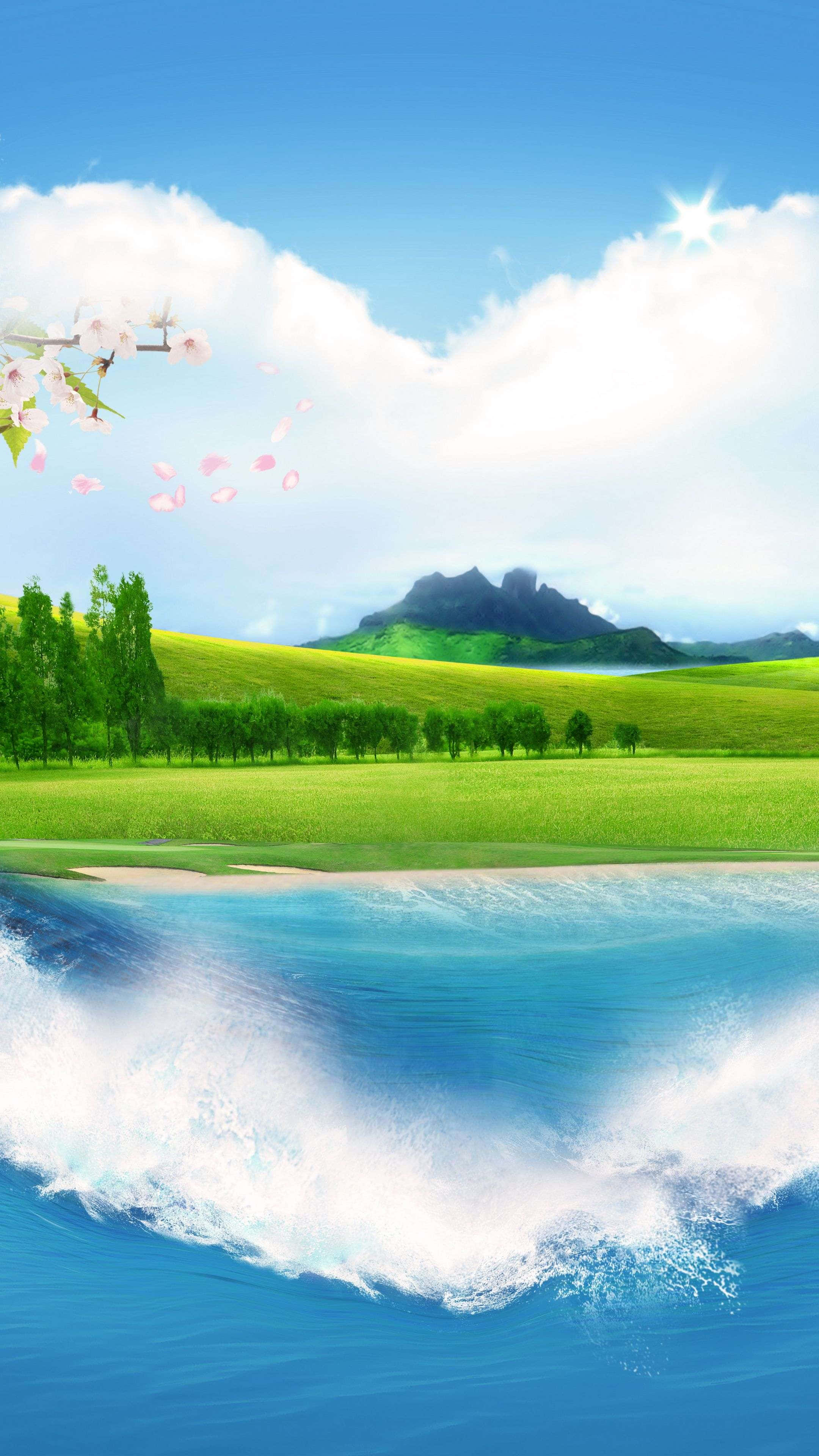 夏天 桌布 壁紙 — 一個充滿活力的數位風景，前景有洶湧的藍色波浪，綠色起伏的山丘，遠處的山脈，以及在明亮陽光照耀下飄落的櫻花。