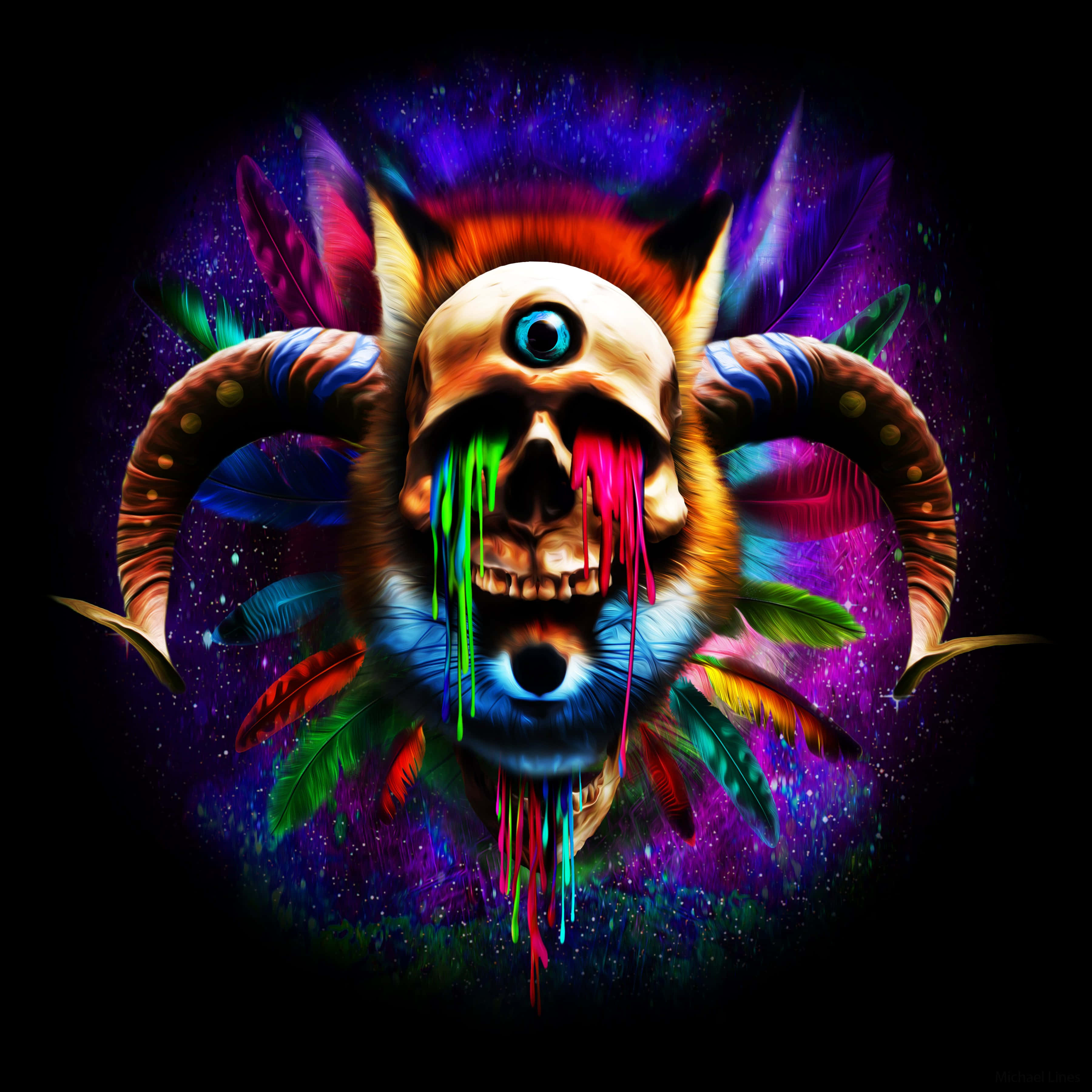 Third Eye 桌布 壁紙 — 一個充滿活力的數位骷髏，眼睛發光，彩虹顏料從口中滴落，被色彩繽紛的羽毛包圍，背景是宇宙紫色。