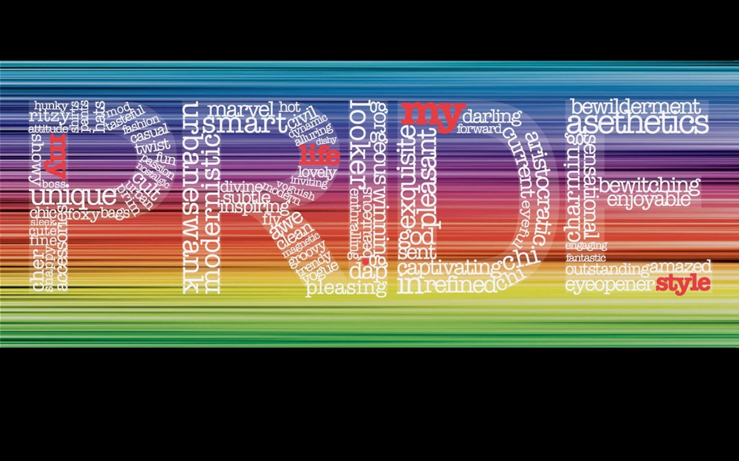 LGBT 桌布 壁紙 — 一個充滿活力的文字雲，形狀像一個風格化的「R」，帶有「獨特」、「華麗」和「風格」等詞語在彩色橫條上旋轉。