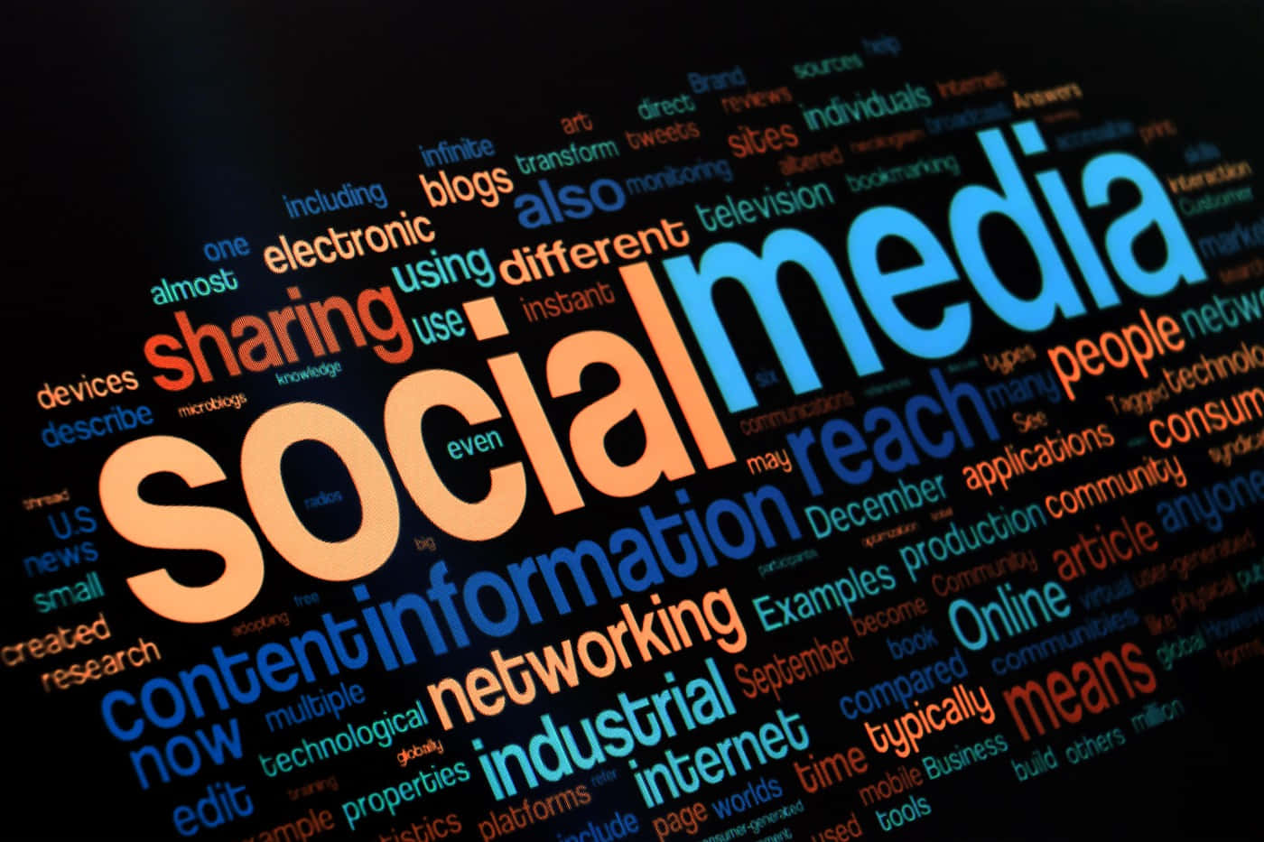 Social Media Logos 桌布 壁紙 — 一個充滿活力的文字雲在深色螢幕上，以大型橙色和藍色字母顯示「社交媒體」，周圍環繞著相關術語。