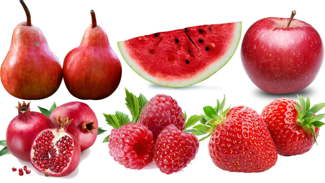 Red Fruit 桌布 壁紙 — 一個充滿活力的新鮮紅色水果系列，包括梨、石榴、覆盆子、草莓和西瓜片。
