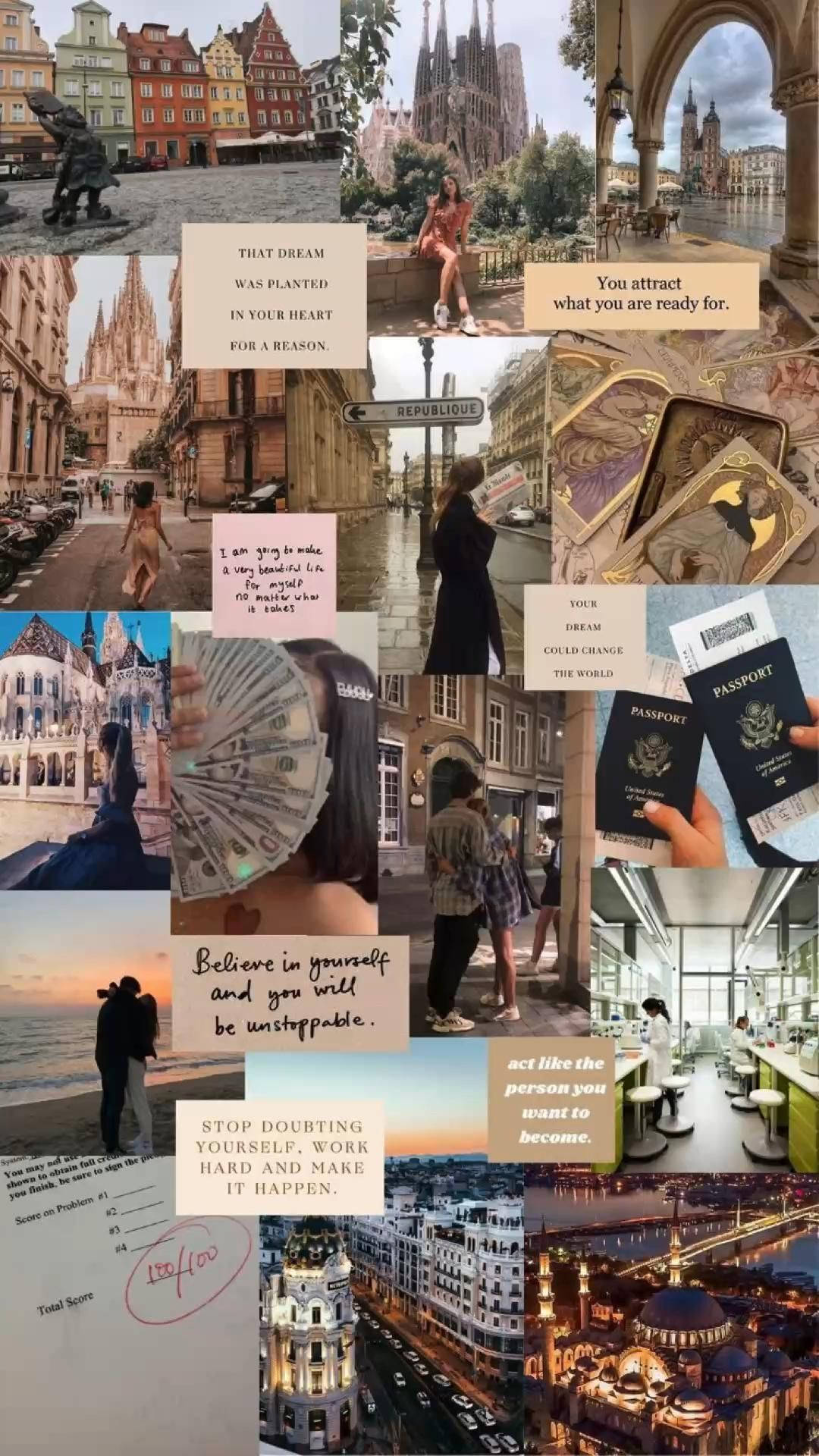 Life Aesthetic 桌布 壁紙 — 一個充滿活力的旅行目的地、勵志名言和護照圖像拼貼，激發旅行慾望和自信。
