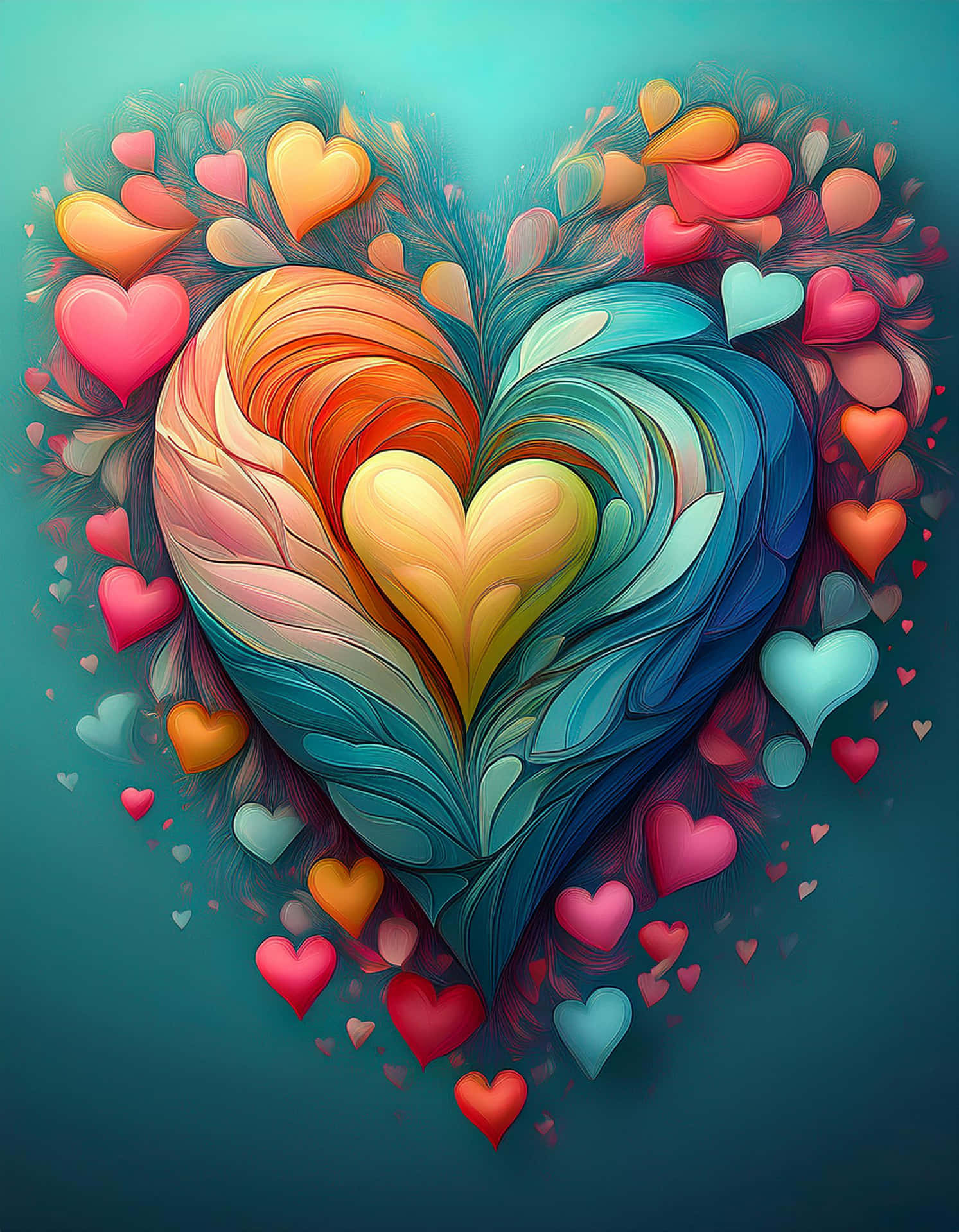 Dance of Colorful Hearts 壁紙 — 一個充滿活力的旋轉心形，帶有溫暖的橙色和清涼的藍色漸變，周圍環繞著漂浮的心形，背景為青綠色。
