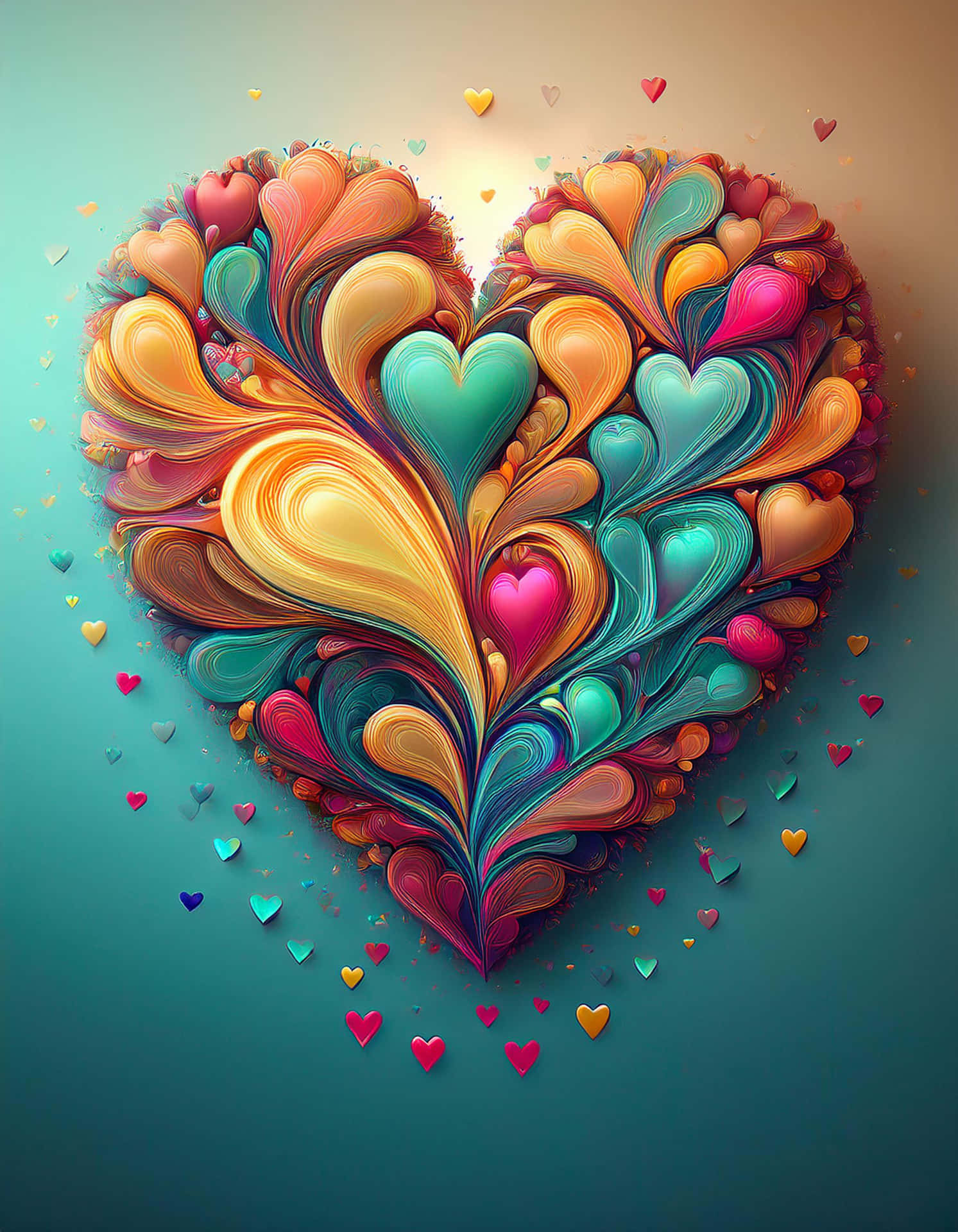 Dance of Colorful Hearts 壁紙 — 一個充滿活力的旋轉心形，由層疊的彩色心形組成，背景是青綠色漸變，並有漂浮的心形。