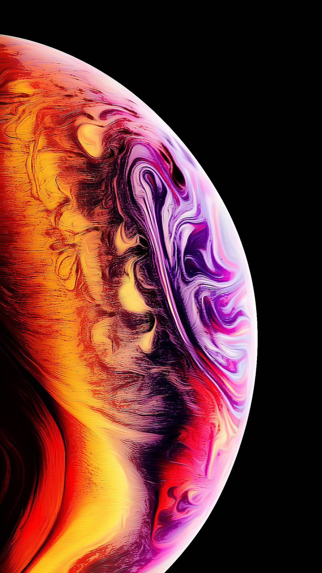 iPhone 桌布 壁紙 — 一個充滿活力的旋轉球體，呈現橙色、紫色和粉紅色調，背景為純黑色。