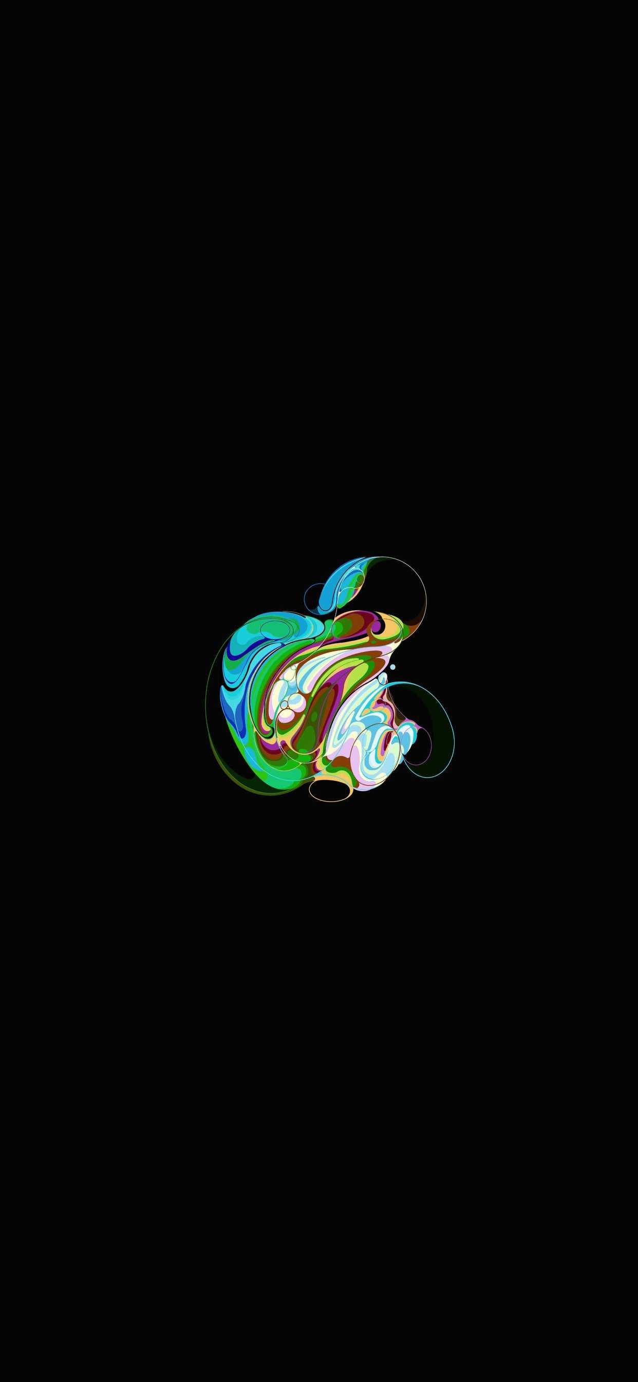 iOS 15 桌布 壁紙 — 一個充滿活力的旋轉蘋果標誌，在純黑色背景上以霓虹綠、藍色和白色色調浮現。