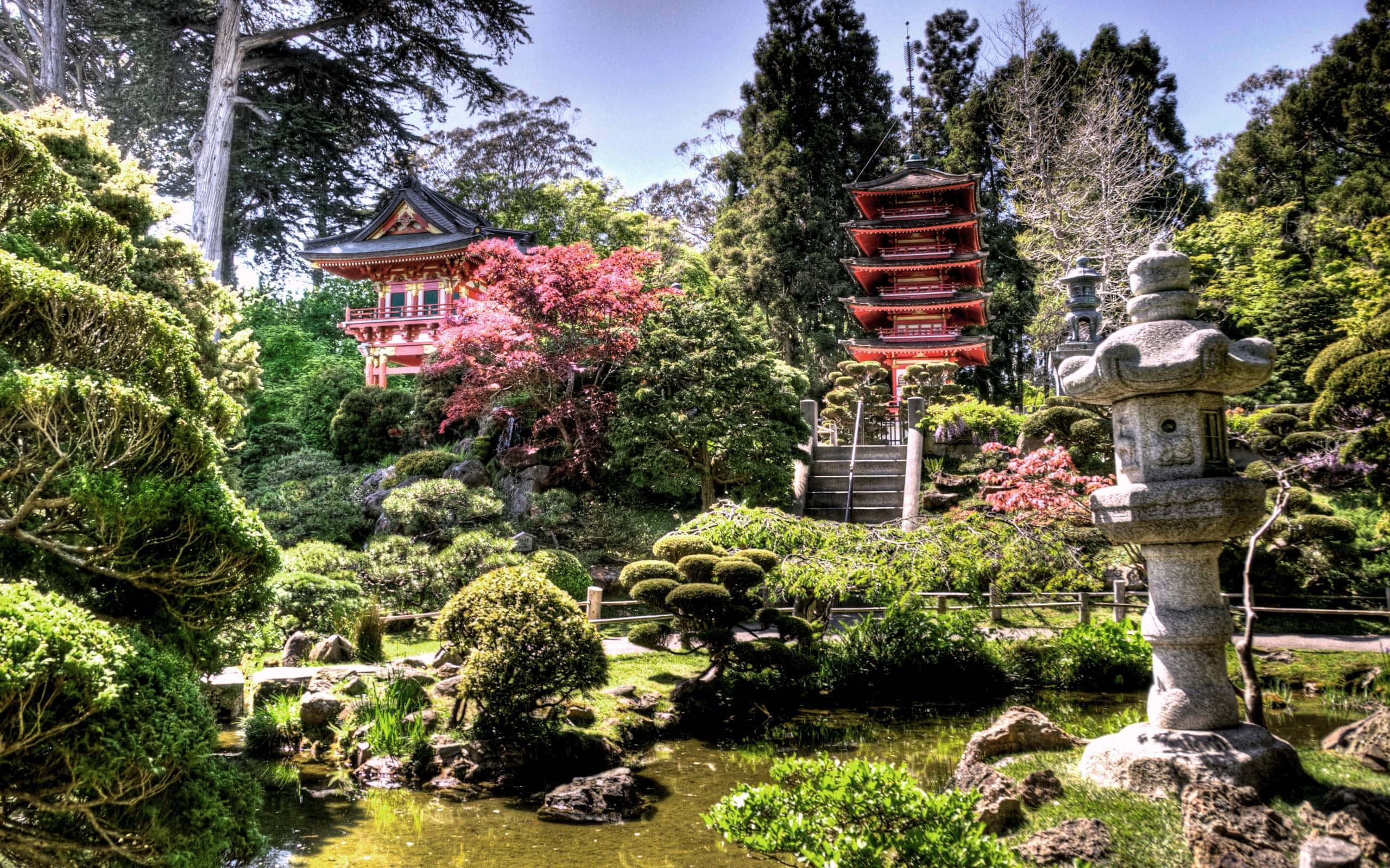 Samurai Garden 桌布 壁紙 — 一個充滿活力的日本庭園，有紅色寶塔、石燈籠和粉紅色的櫻花，坐落在茂密的綠樹和寧靜的池塘之間。