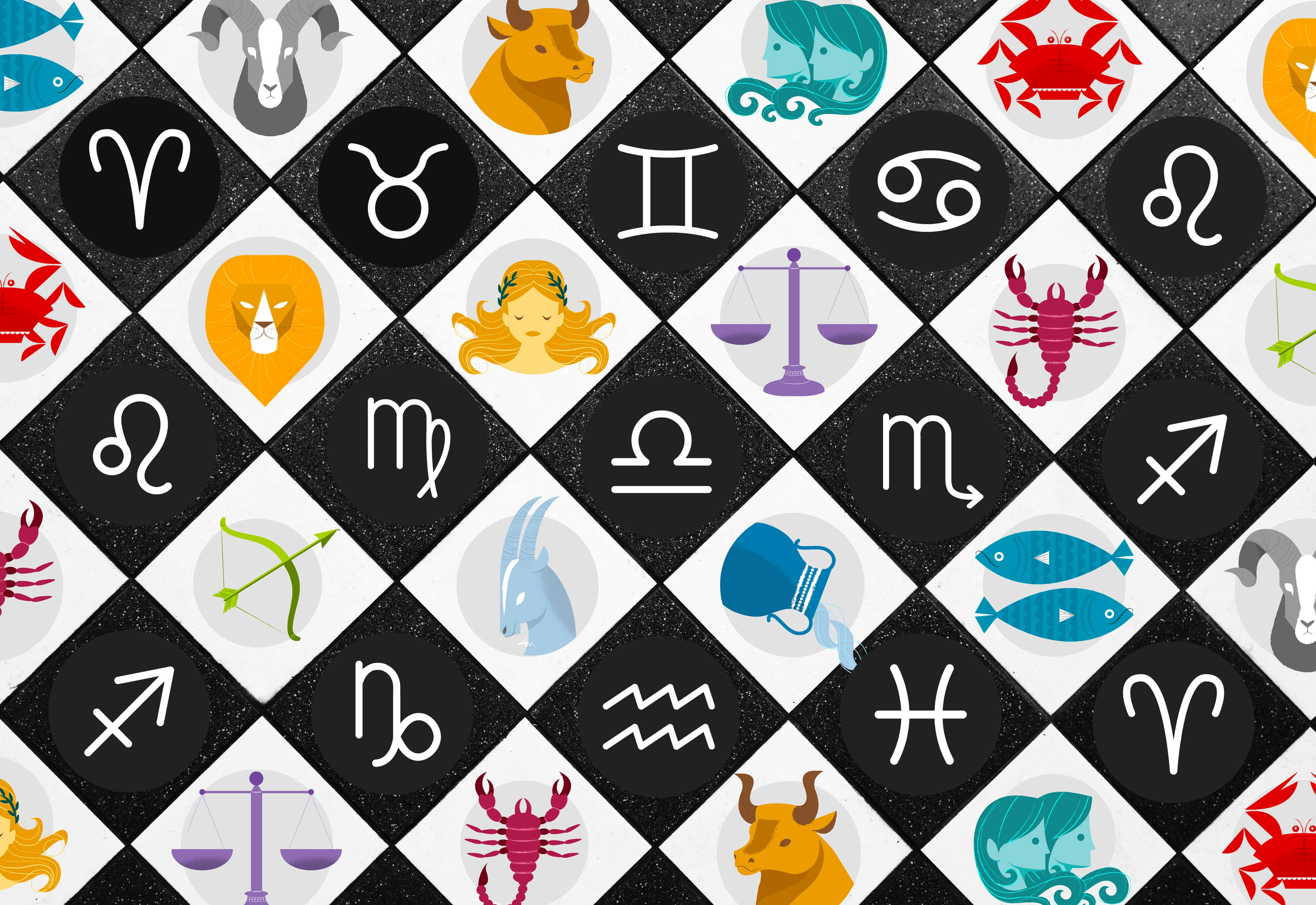 zodiac 桌布 壁紙 — 一個充滿活力的星座和符號圖案，排列在黑白鑽石網格中，帶有彩色插圖。
