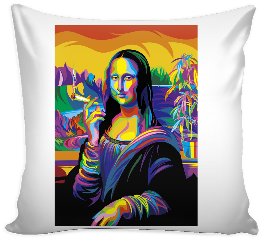 Mona 桌布 壁紙 — 一個充滿活力的普普藝術枕頭，上面有彩虹色的蒙娜麗莎，旁邊有一盆大麻植物，她正拿著一支點燃的香煙。