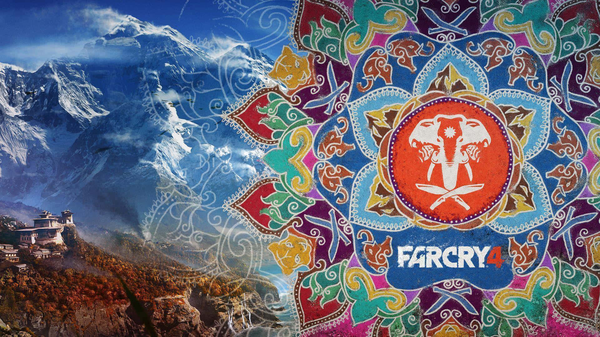Far Cry 4 桌布 壁紙 — 一個充滿活力的曼陀羅覆蓋在白雪覆蓋的山景和下方的寺廟村莊上，天空湛藍。