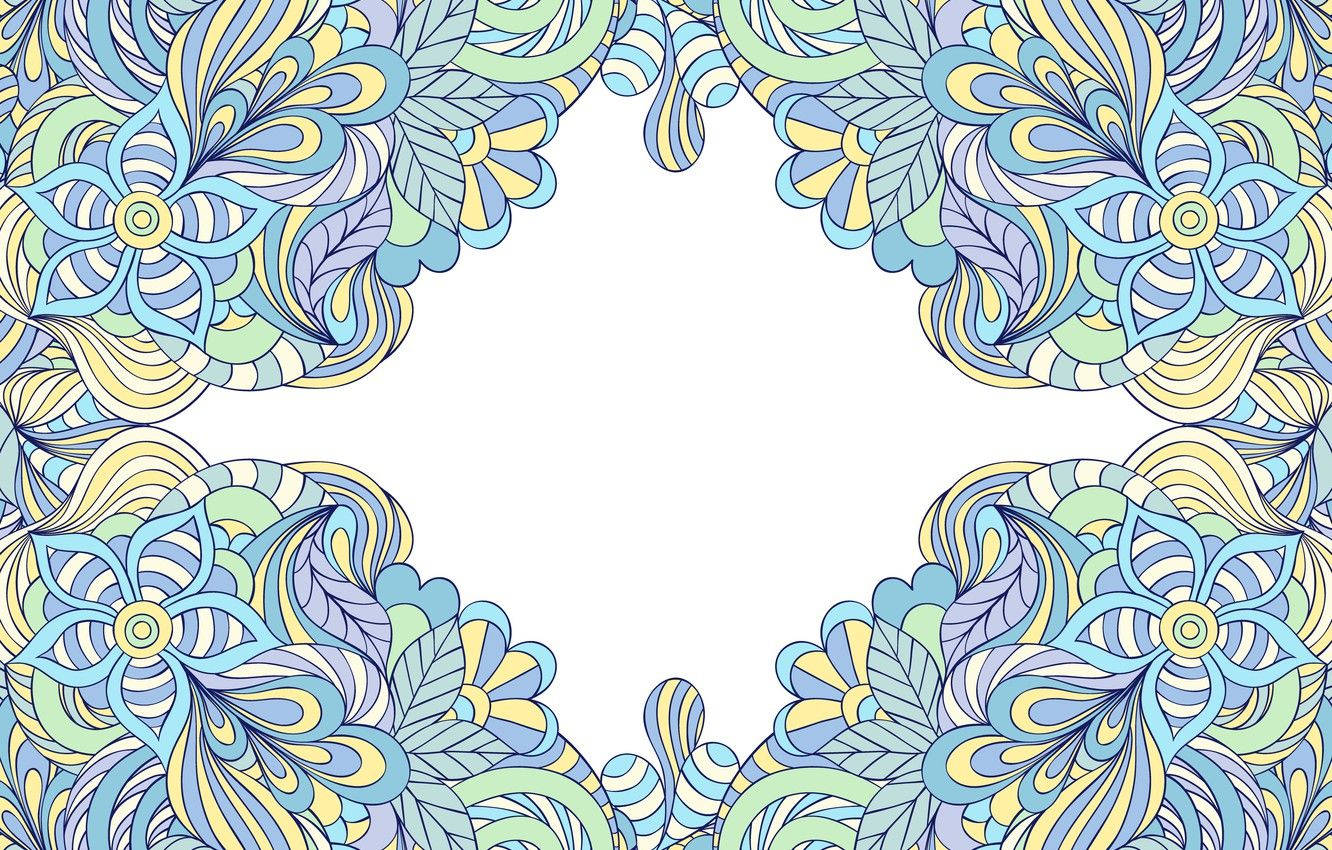 Paisley 桌布 壁紙 — 一個充滿活力的曼陀羅風格花卉邊框，以藍色、黃色和綠色呈現，用複雜的漩渦圖案圍繞著中央的白色空間。