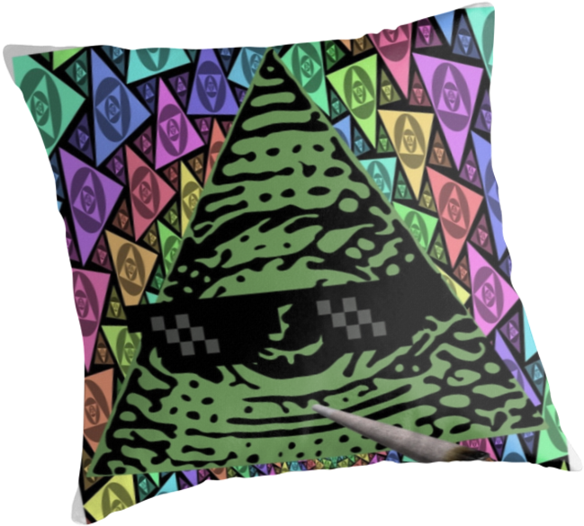 illuminati 桌布 壁紙 — 一個充滿活力的枕頭，上面有一個綠色金字塔，帶有像素化眼睛和格子圖案帶，背景是萬花筒般的彩色三角形，帶有重複的臉部圖案。