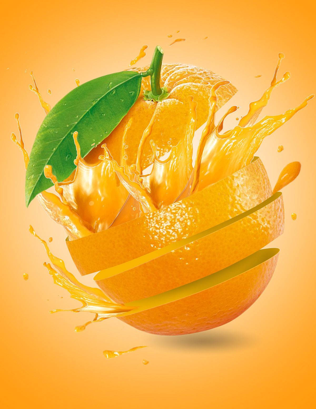 Fruit 桌布 壁紙 — 一個充滿活力的柳橙爆出果汁和果皮條，襯托著溫暖的橙色漸變背景。
