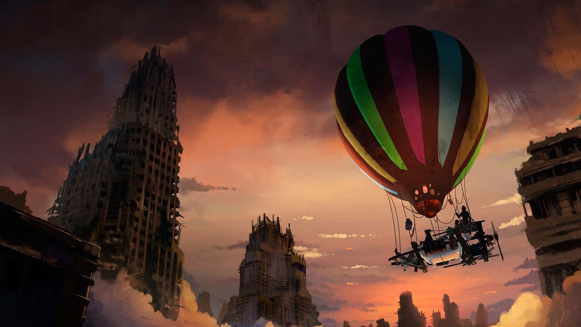 Hot Air Balloon 桌布 壁紙 — 一個充滿活力的條紋熱氣球與一架飛行器在日落時分漂浮在廢墟未來城市上空。