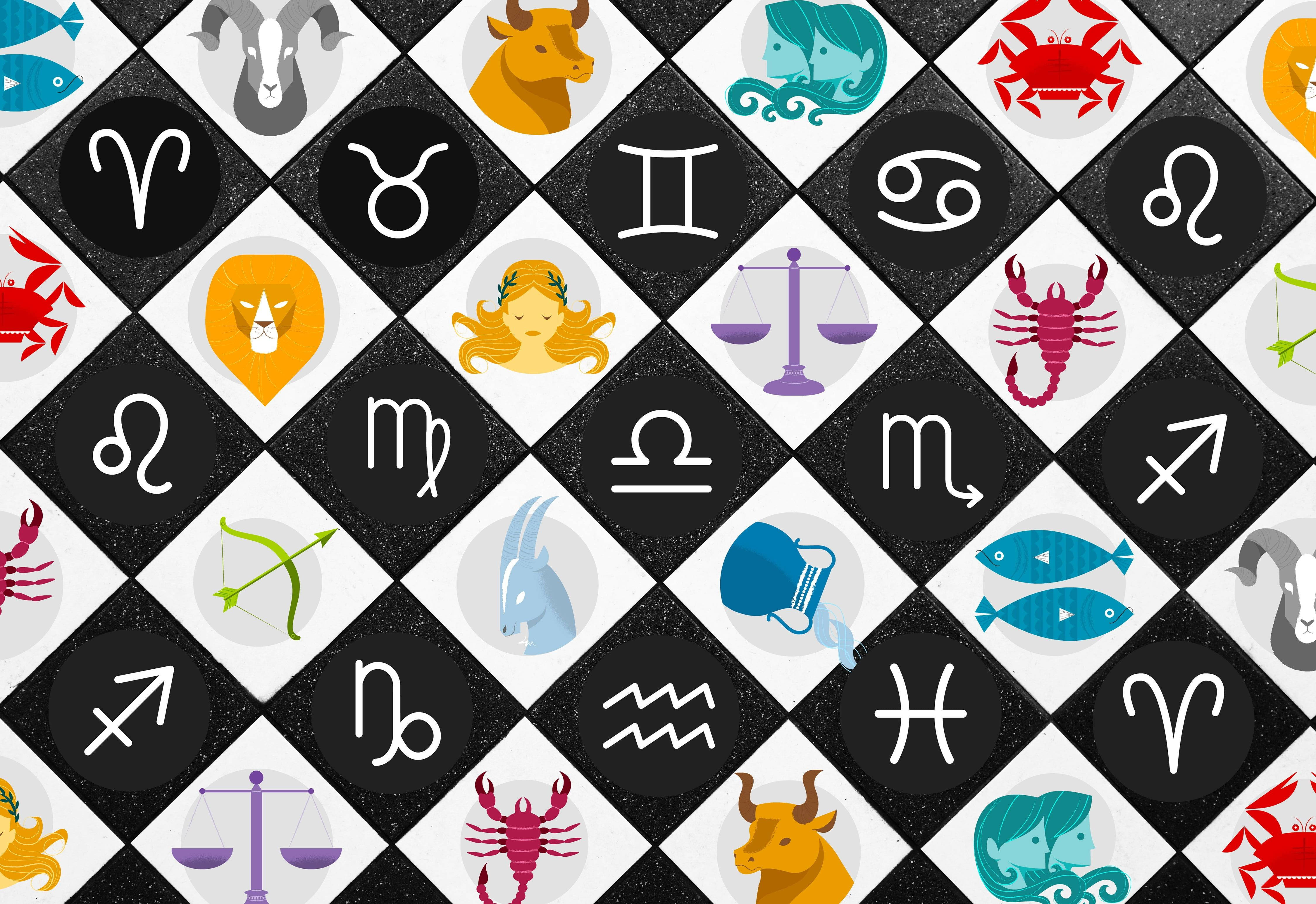 星座運勢 桌布 壁紙 — 一個充滿活力的棋盤圖案，由星座和符號組成，以鮮豔的色彩呈現在黑白方格上。