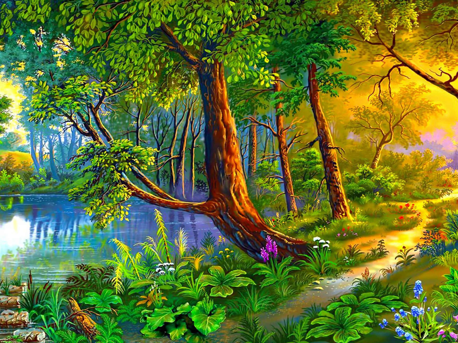 Beautiful Painting 桌布 壁紙 — 一個充滿活力的森林場景，一棵大樹斜倚在平靜的湖面上，沐浴在金色的日落光芒中。